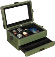 Cassettiere elegante per orologio militare con 10 contenitori per signori, coperchio in vetro reale, cassetto valet modulare, compatibile con Apple Watch con supporto per Apple Watch, cassetto accessori - Verde