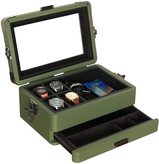 Cassettiere elegante per orologio militare con 10 contenitori per signori, coperchio in vetro reale, cassetto valet modulare, compatibile con Apple Watch con supporto per Apple Watch, cassetto accessori - Verde