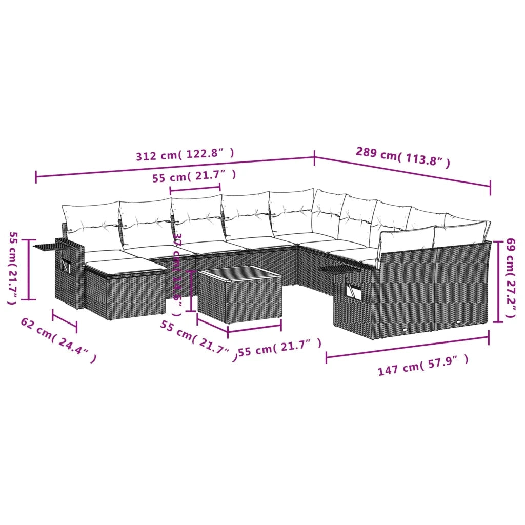 Set Divani da Giardino 12 pz con Cuscini Grigio in Polyrattan 3224863