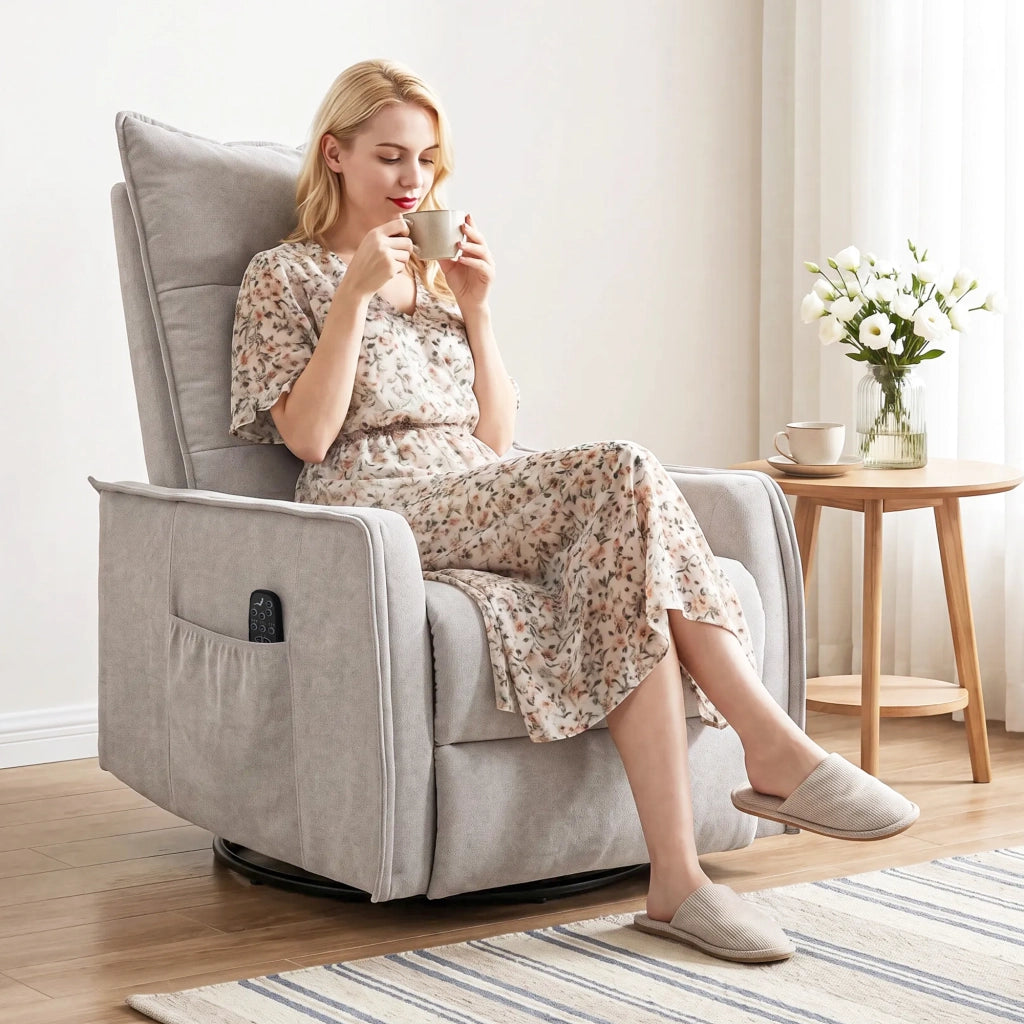 Poltrona Relax Massaggiante  71x93x99 cm Reclinabile con Telecomando e Poggiapiedi in Ciniglia Grigio Chiaro