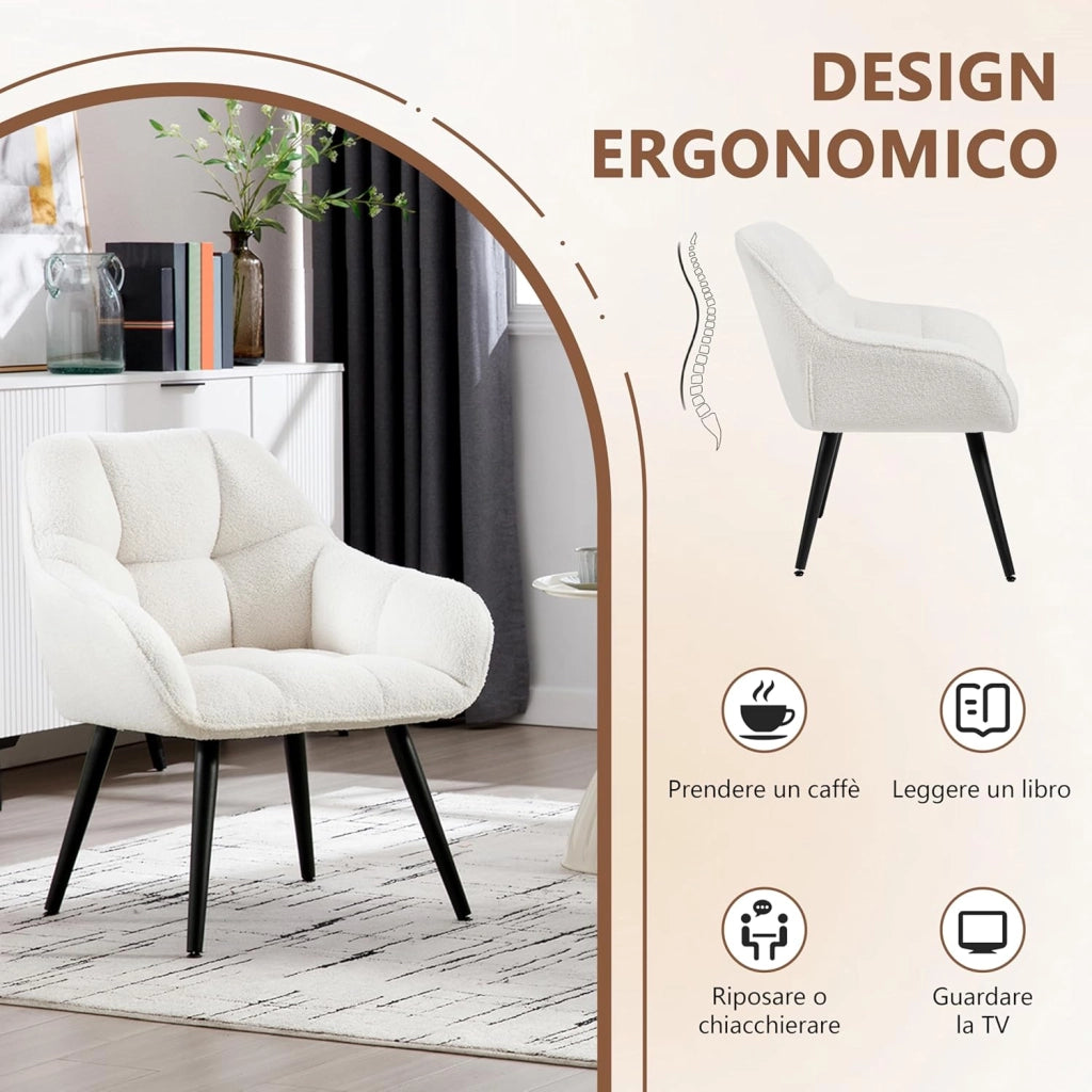 Poltrona Relax Lounge, Sedia Moderna, Poltrona per Camera da Letto Soggiorno, Poltroncina in Velluto di Agnello con Gambe in Metallo, Portata 150 kg, Crema, SKS47cm