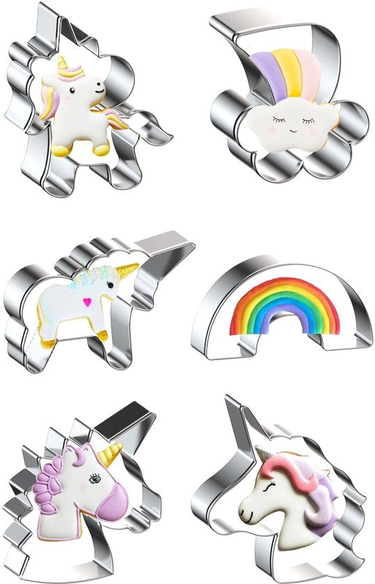 Set di 6 forme di unicorn per biscotti in acciaio inossidabile, decorazione per bambini, arredo di arcobaleno
