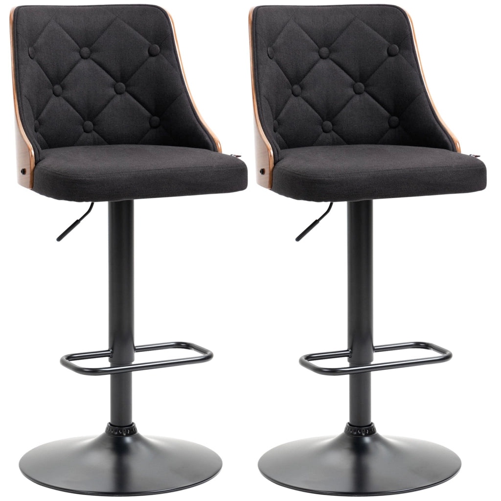 Set 2 Sgabelli da Bar 47,5x50x93,5-116 cm Seduta  in Lino Poliestere Nero e Noce