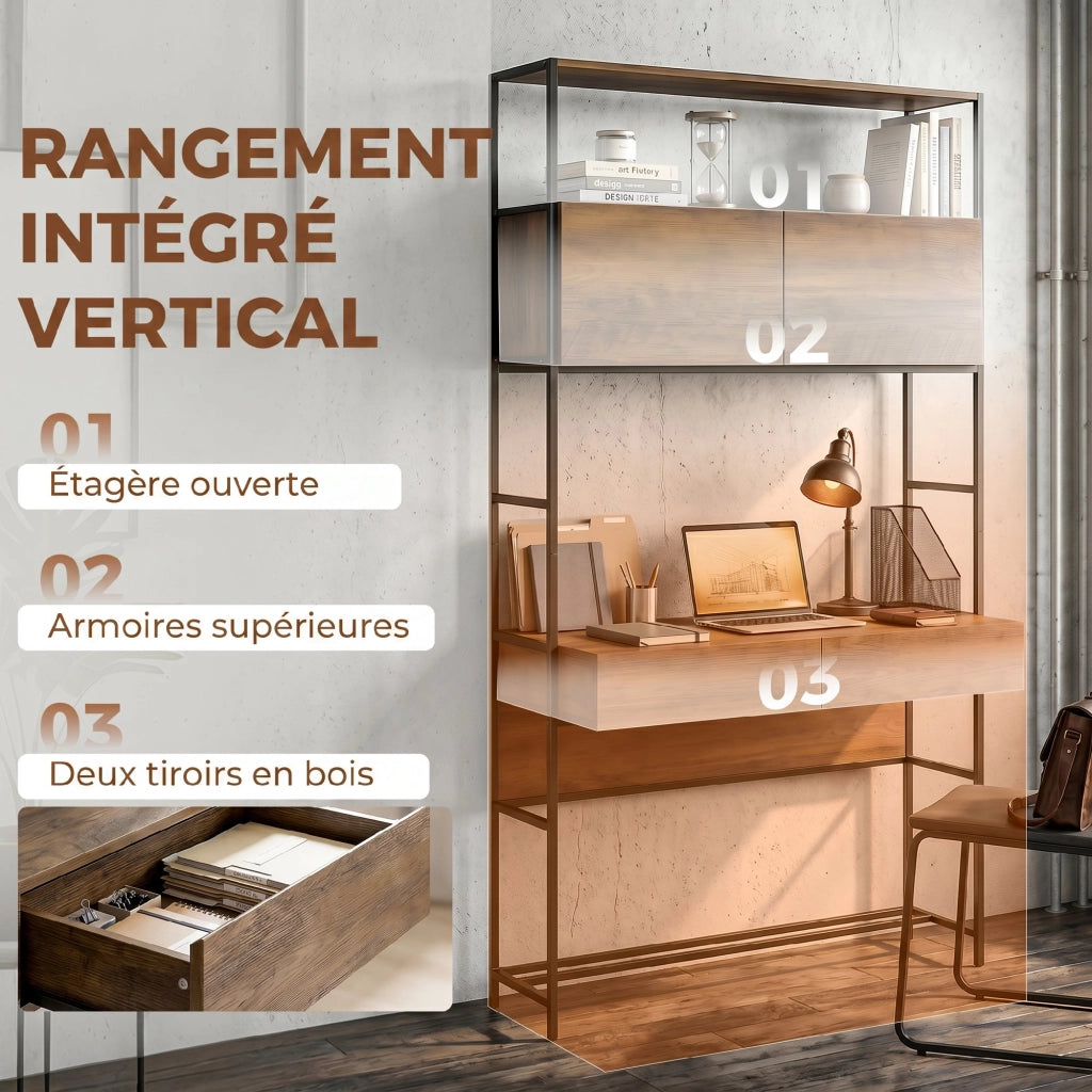Scrivania con 2 cassetti e scaffale ¨C Xylo ¨C 100x45x185 cm, legno marrone
