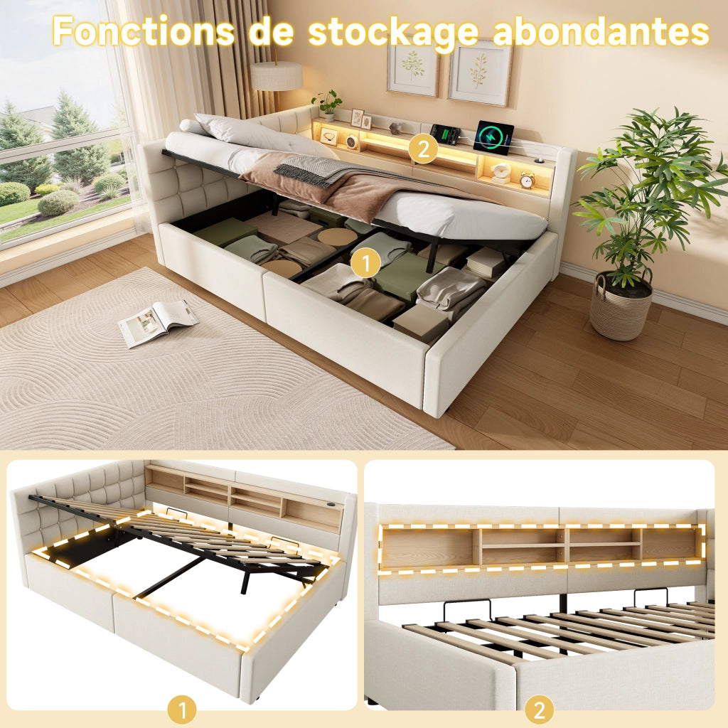 Letto matrimoniale contenitore 140x200 cm con sollevamento idraulico; LED; testiera con ripiano e USB; beige