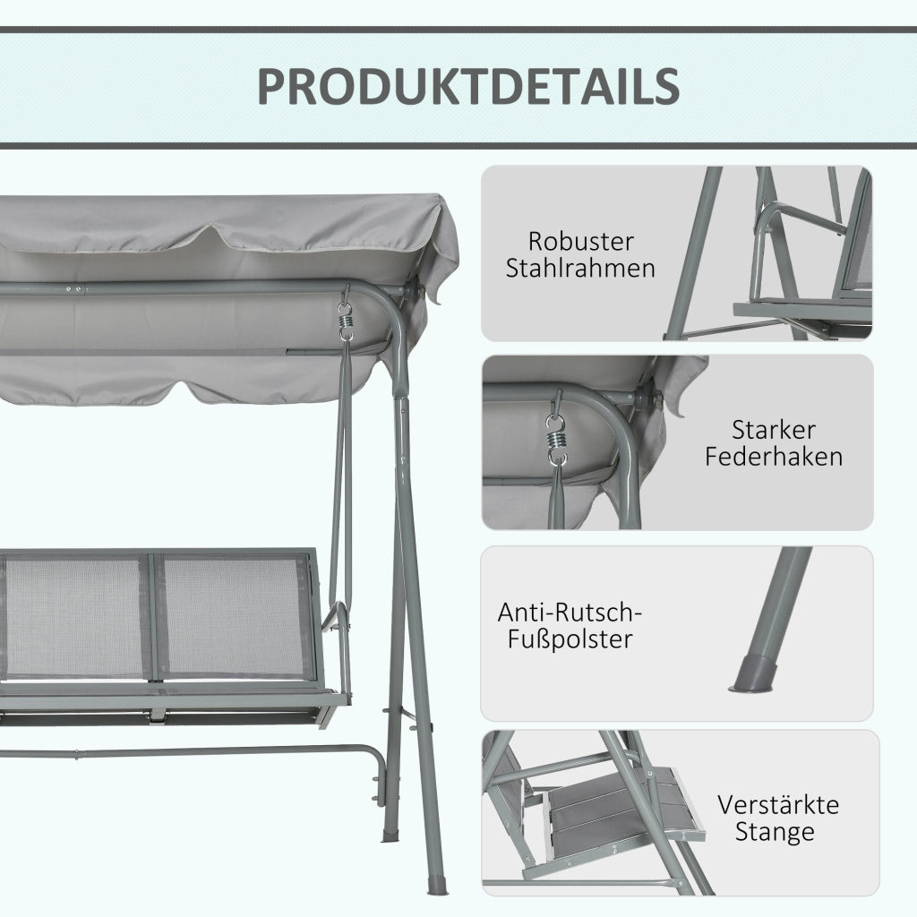 Dondolo da Giardino 3 Posti con Tetto ¨C MINIMAL ¨C Metallo Grigio, 170x110x153 cm