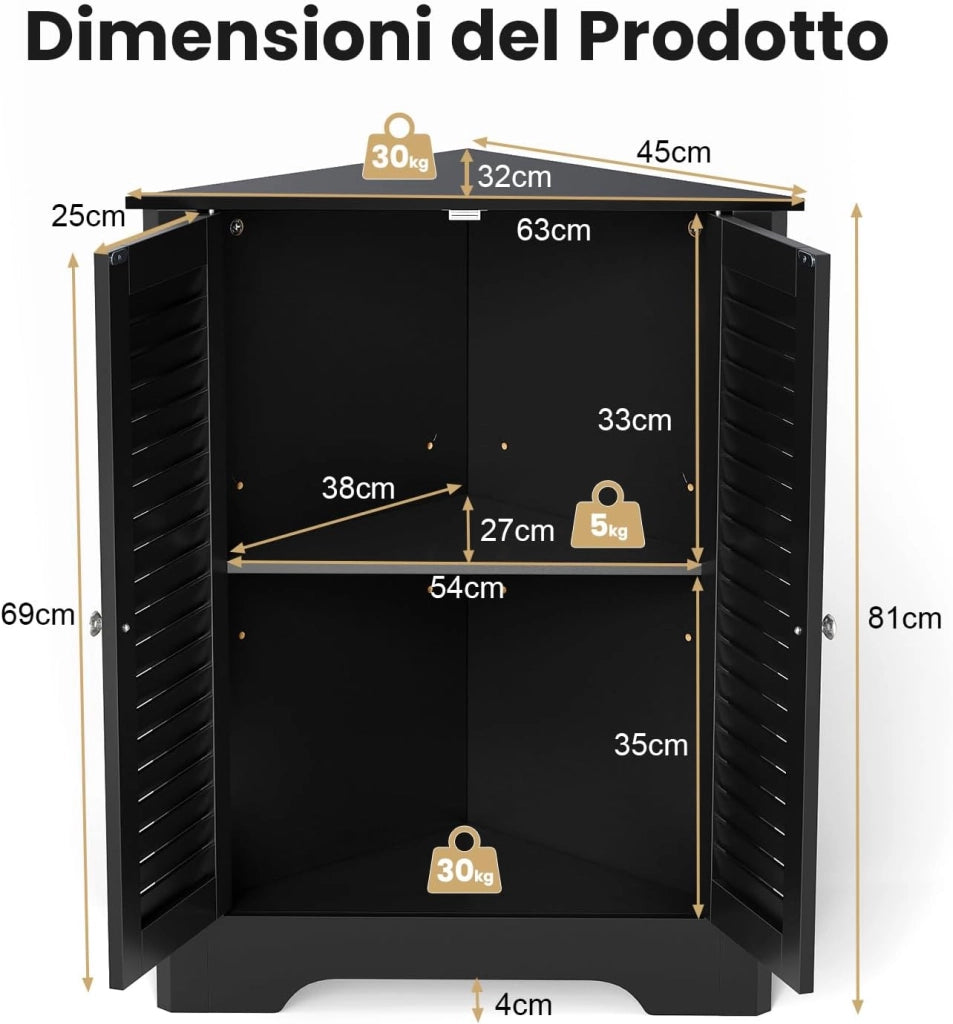 Mobile Angolare, Armadietto ad Angolo con 3 Livelli Ripiani, con 2 Ante e Ripiano Regolabile in Altezza, per Bagno, Ingresso, Soggiorno, Camera da Letto (Nero)