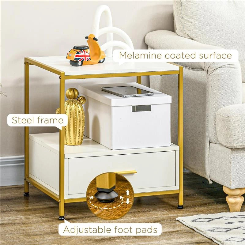 SET DI 2 COMODINI MODERNI CON CASSETTO E RIPIANO APERTO, 50X40X55CM, BIANCO E ORO
