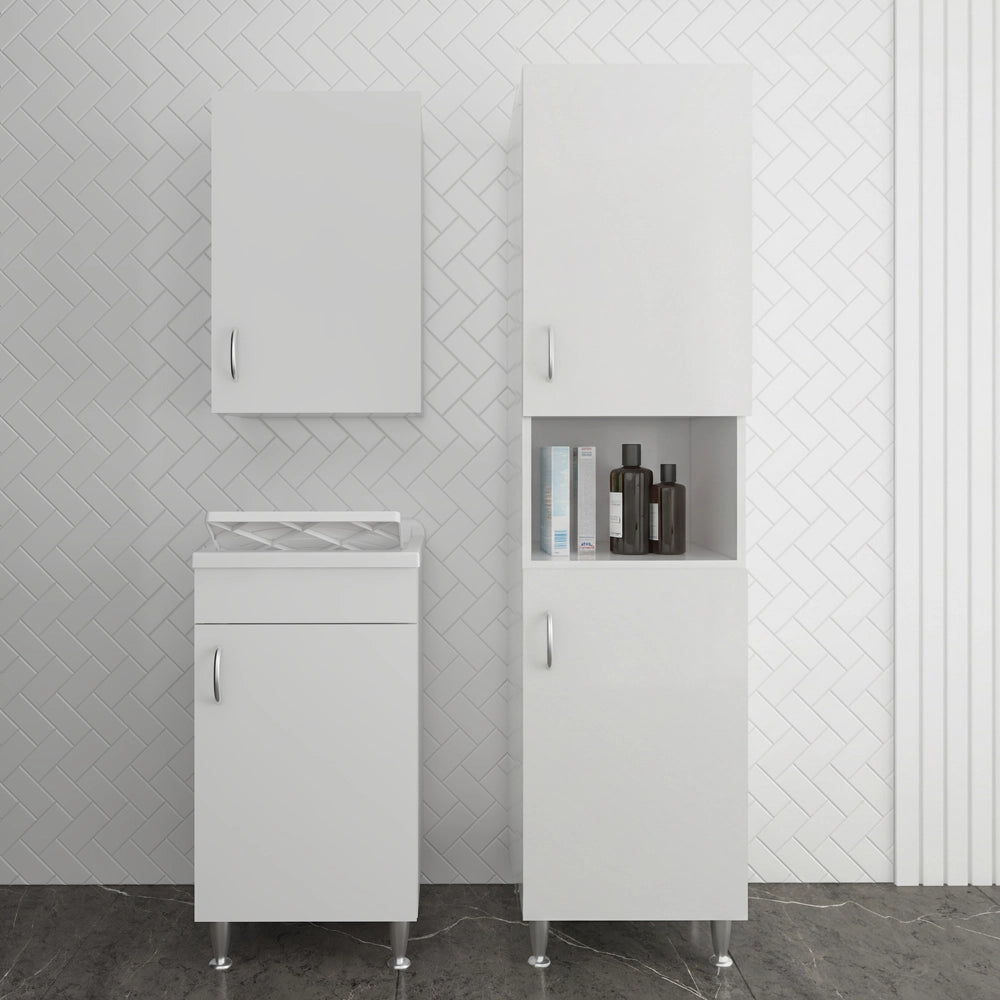Set lavanderia con lavatoio colonna e pensile in legno bianco Fedra