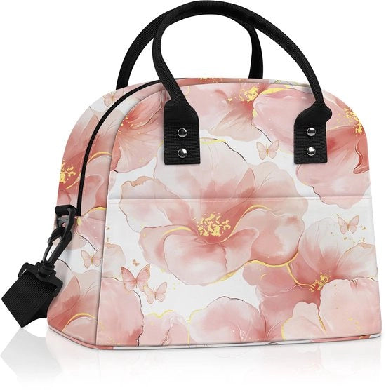 Tas per picnic con isolamento grande per donna, impermeabile, con cinturino, per adulti, piccola, rossa, marmo in fiori