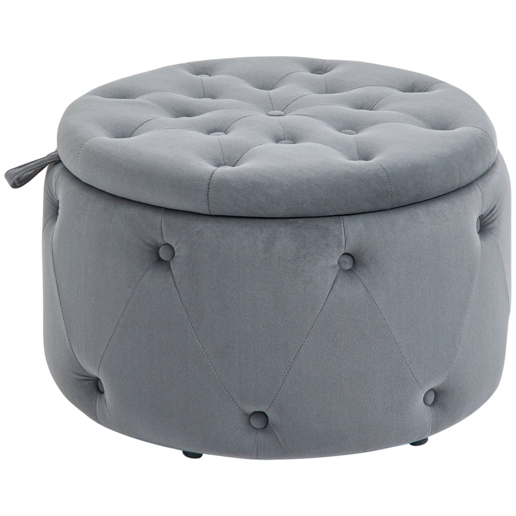 Pouf contenitore rotondo con coperchio e seduta imbottita in poliestere grigio per soggiorno e camera Ø60 × 40 cm