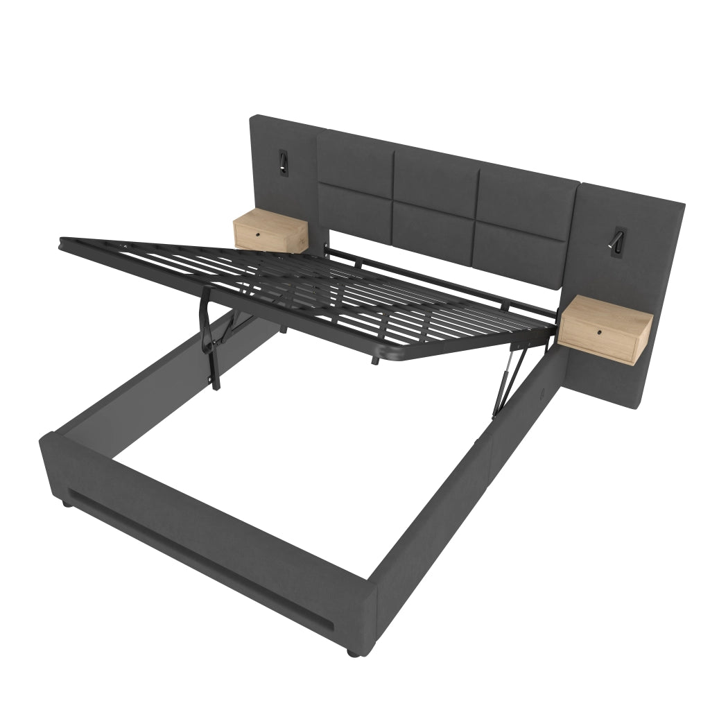 LETTO imbottito 160x200 cm in velluto grigio scuro con contenitore e USB-C