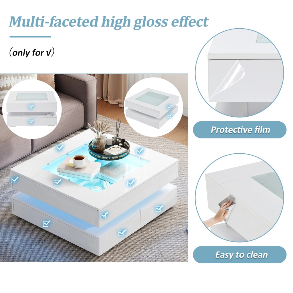 Tavolino da salotto quadrato con 3 cassetti e LED USB; piano in vetro; finitura lucida; per soggiorno; bianco; 70 × 70 × 35 cm