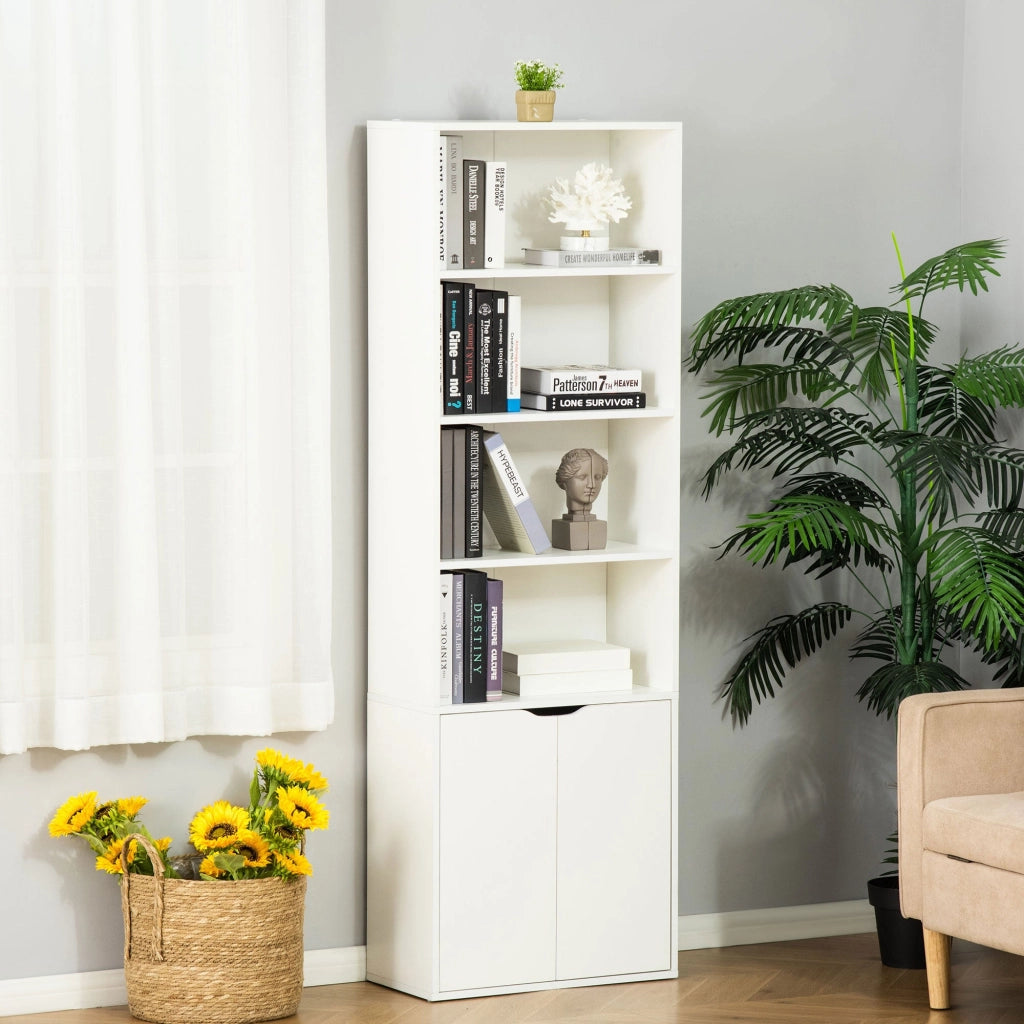 Libreria Moderna 4 Ripiani 59x29x180 cm con Armadietto a 2 Ante in Legno Bianco