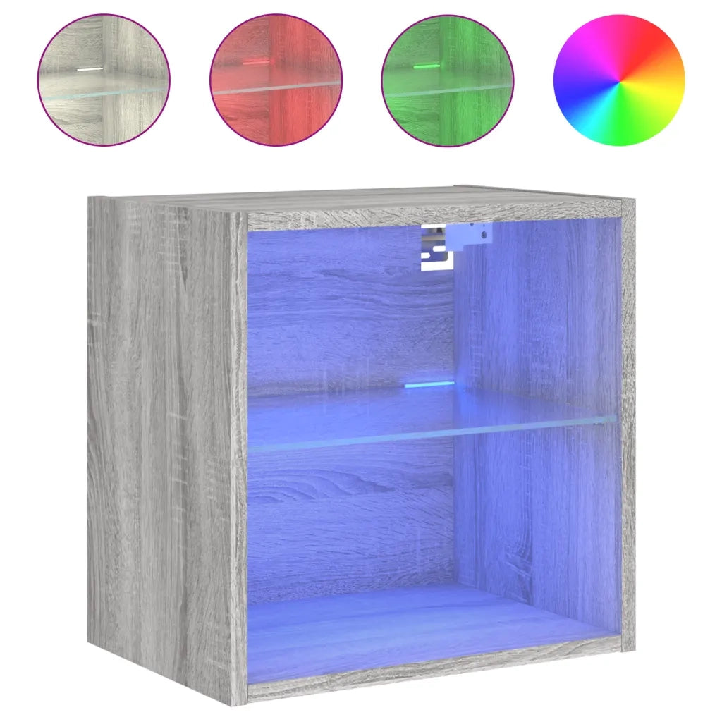 Comodino | Armadio da Notte | Mobiletto da notte con Luci LED a Parete Grigio Sonoma