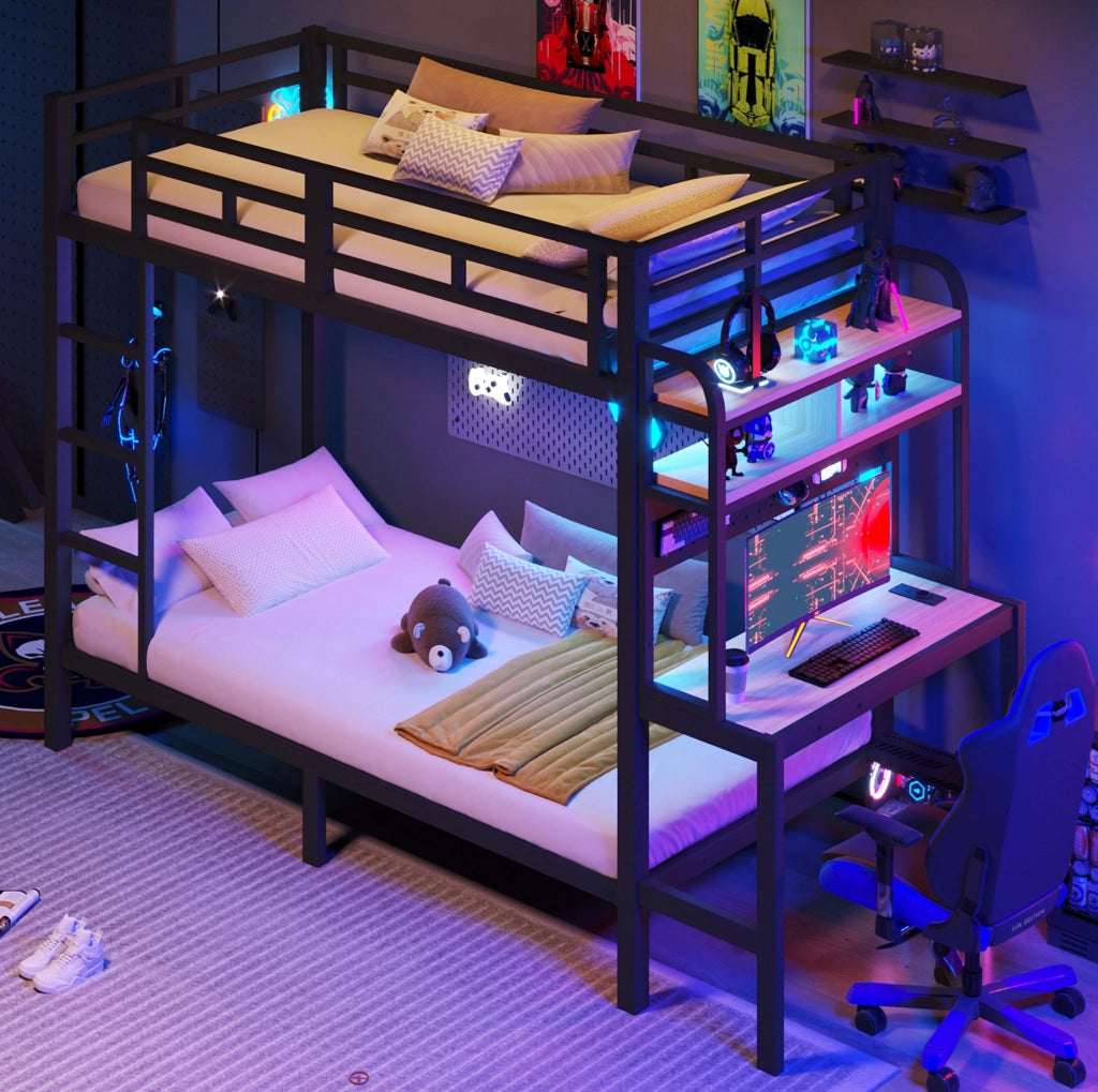 Letto a castello con scrivania, luci LED e porta USB