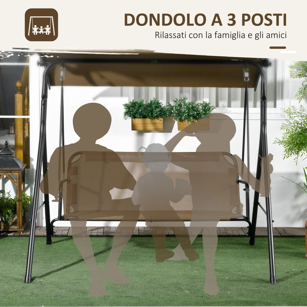 Dondolo da Giardino 3 Posti 172x110x153 cm con Copertura Regolabile in Acciaio e Poliestere Marrone e Grigio