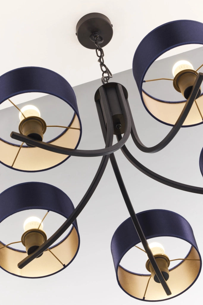 Lampadario nero a catena 5xE27 paralumi blu Jupiter