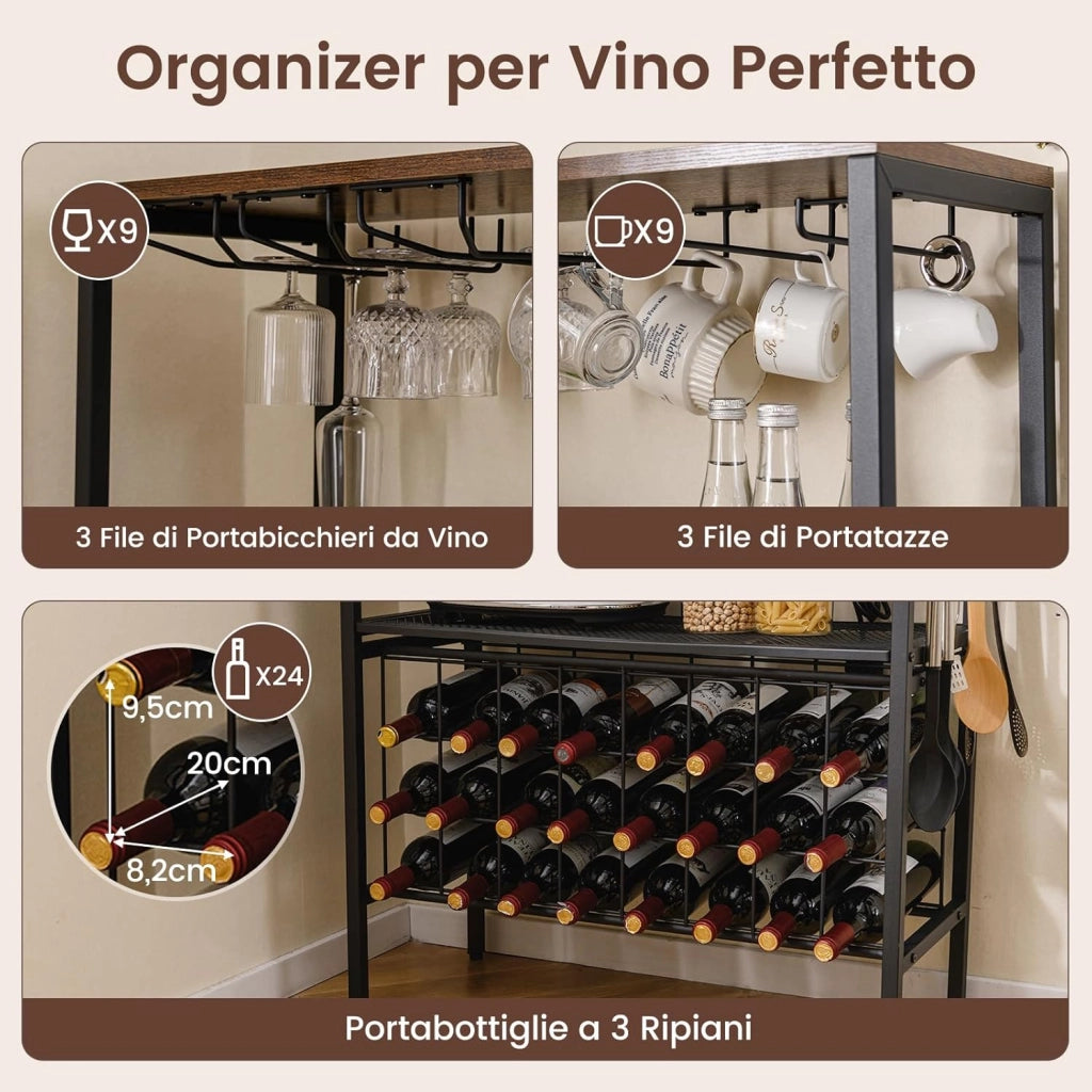 Portabottiglie da Terra per 24 Bottiglie, Cantinetta Portabottiglie Vino con Presa di Corrente, Supporto per Bicchieri, Ganci e 3 Ripiani, per Cucina, Soggiorno e Bar