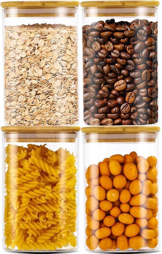 Set di contenitori di vetro per magazzino da 4 pezzi - contenitori trasparenti con coperchio in bambù per alimenti - pasta, farina, cereali, riso, caffè - 1200 ml