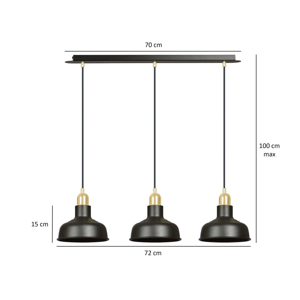 Lampadario Industrial 3 Luci Kubera In Acciaio Nero Con Elementi In Oro