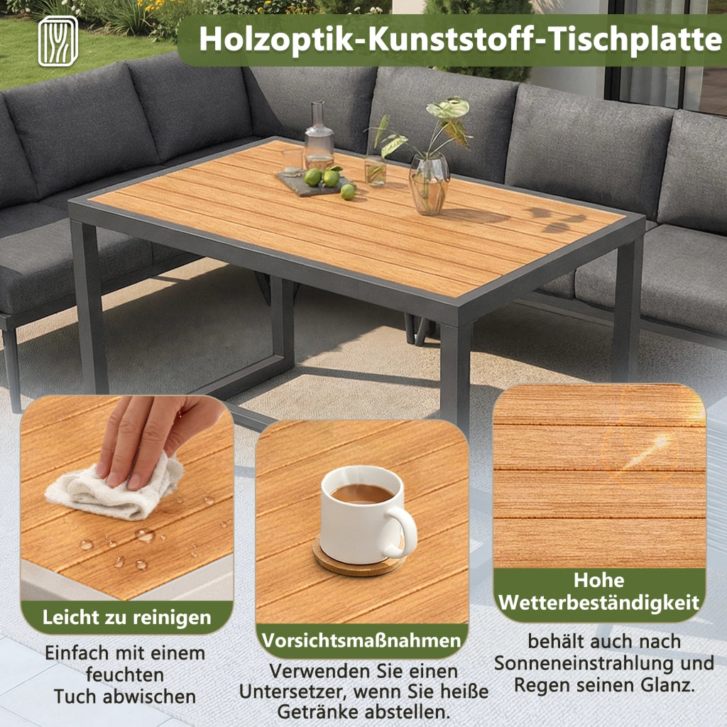 Set lounge da giardino a 7 posti modulare in ferro grigio con tavolino in legno plastico e cuscini sfoderabili