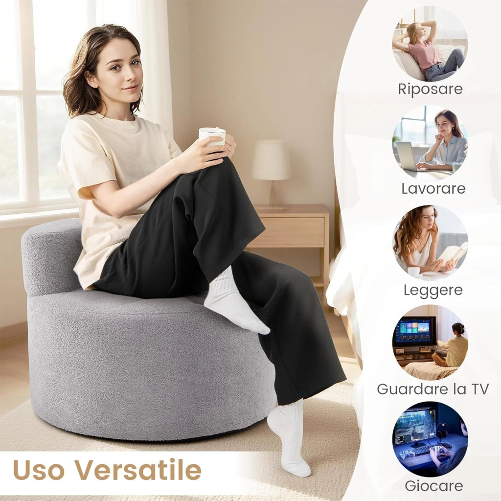 Poltrona Pouf a Sacco, Divano da Pavimento a Forma di Luna con Morbido Tessuto, Spugna ad Alta Resilienza e Schienale Curvo, Divano Rotondo per Salotto, Camera da Letto e Soggiorno (Grigio)