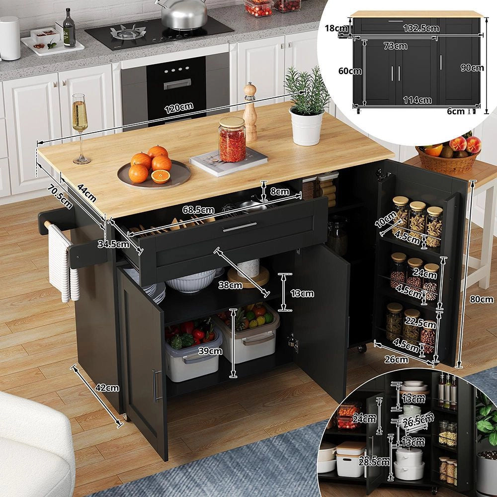Tavolo da cucina mobile - Xylo - L132,5*L44(70)*H90cm - Grano di quercia - Piano di lavoro ribaltabile, ripiano spezie, portasciugamani