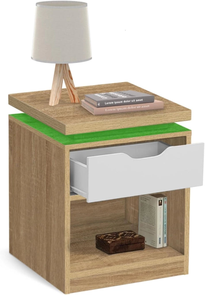 Set di 2 comodini LED Luna a 1 cassetto con nicchia in faggio e Bianco