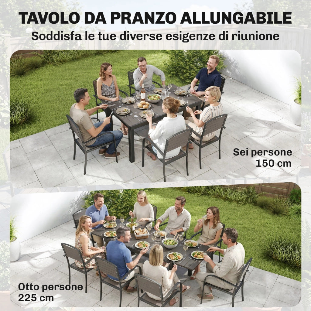Set Pranzo Estensibile Esterni 9 Pezzi, Tavolo Alluminio, 8 Sedie, Grigio