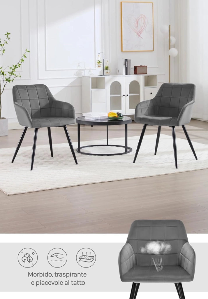 Sedia per Sala da Pranzo Imbottita, Poltroncina in Velluto,Sedia da Cucina con Braccioli e Schienale, Gambe in Metallo, moderne,Grigio Scuro, BH93dgr-1