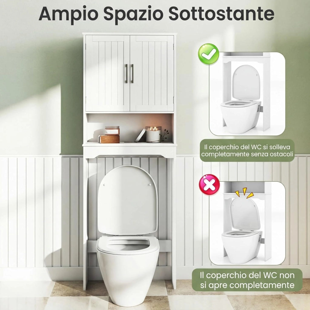 Mobile da Bagno Sopra WC 169 cm, Scaffale Salvaspazio con Doppie Ante e Ripiano Regolabile, Mobiletto Moderno in Legno per Bagni Piccoli e Lavenderia, 62 x 23 x 169 cm