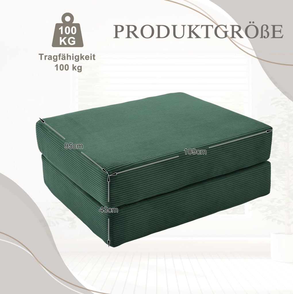 Pouf pieghevole trasformabile in letto singolo; 109x95x43 cm; in corduroy verde smeraldo