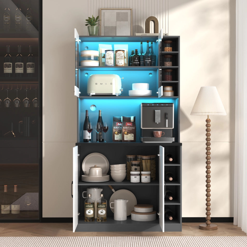 Credenza da cucina con LED, vetrina in vetro temperato, 2 ante e vani regolabili, per cucina, 100 × 47 × 187 cm