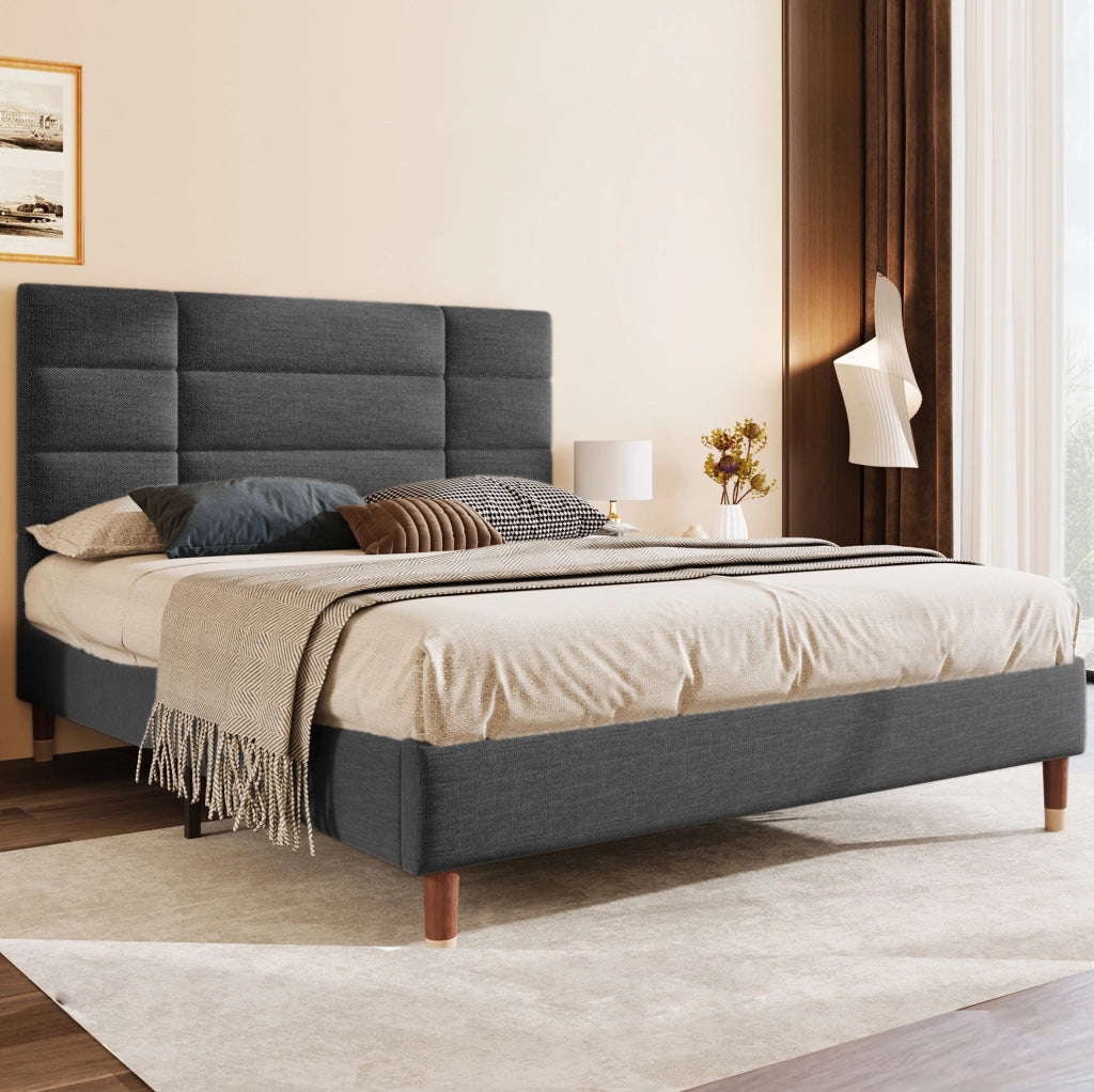 Letto matrimoniale 140x200 cm con rete e testiera imbottita legno grigio (Senza materasso)