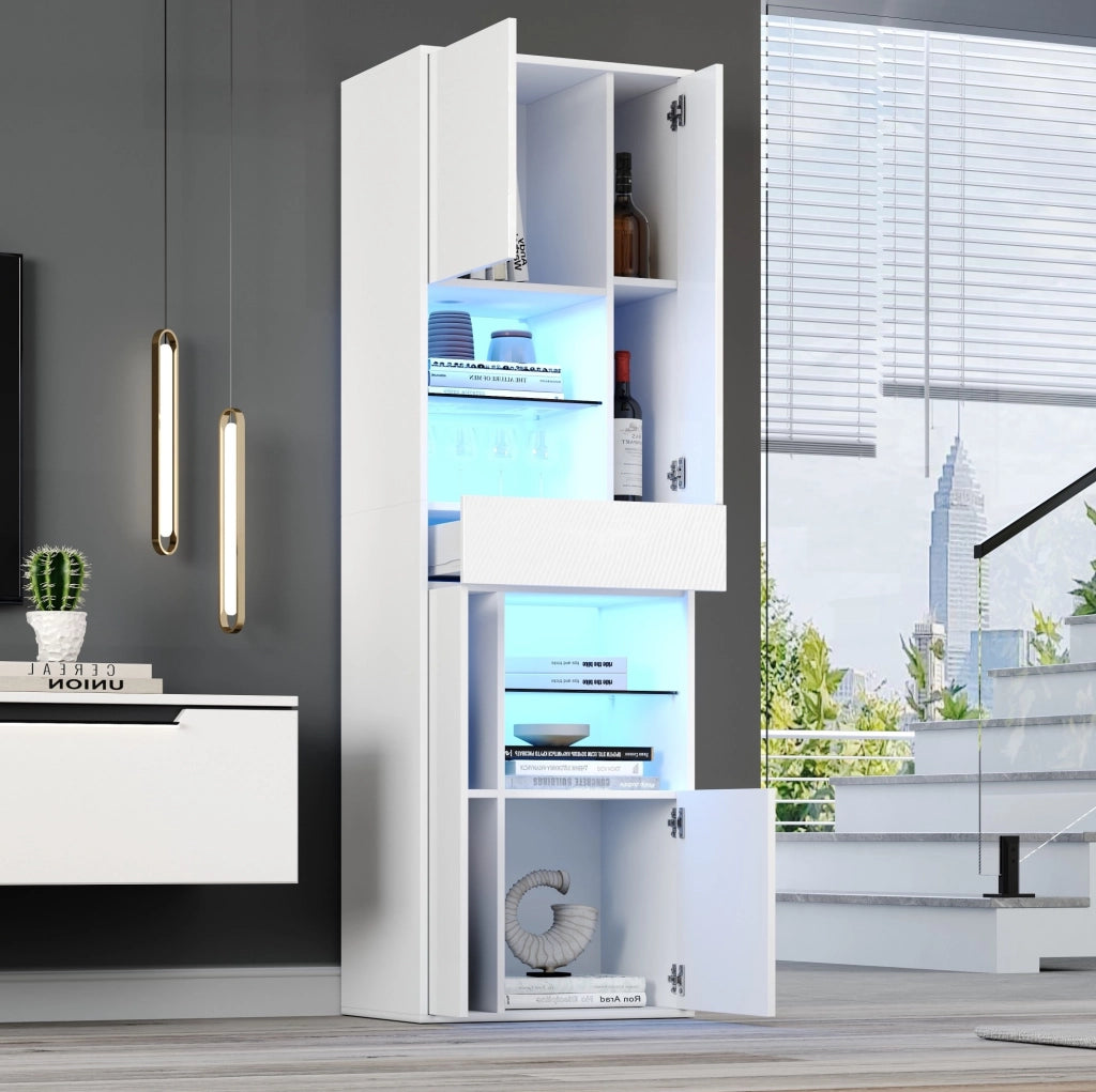 Vetrina alta LED bianca 55x38x170 cm con cassetto