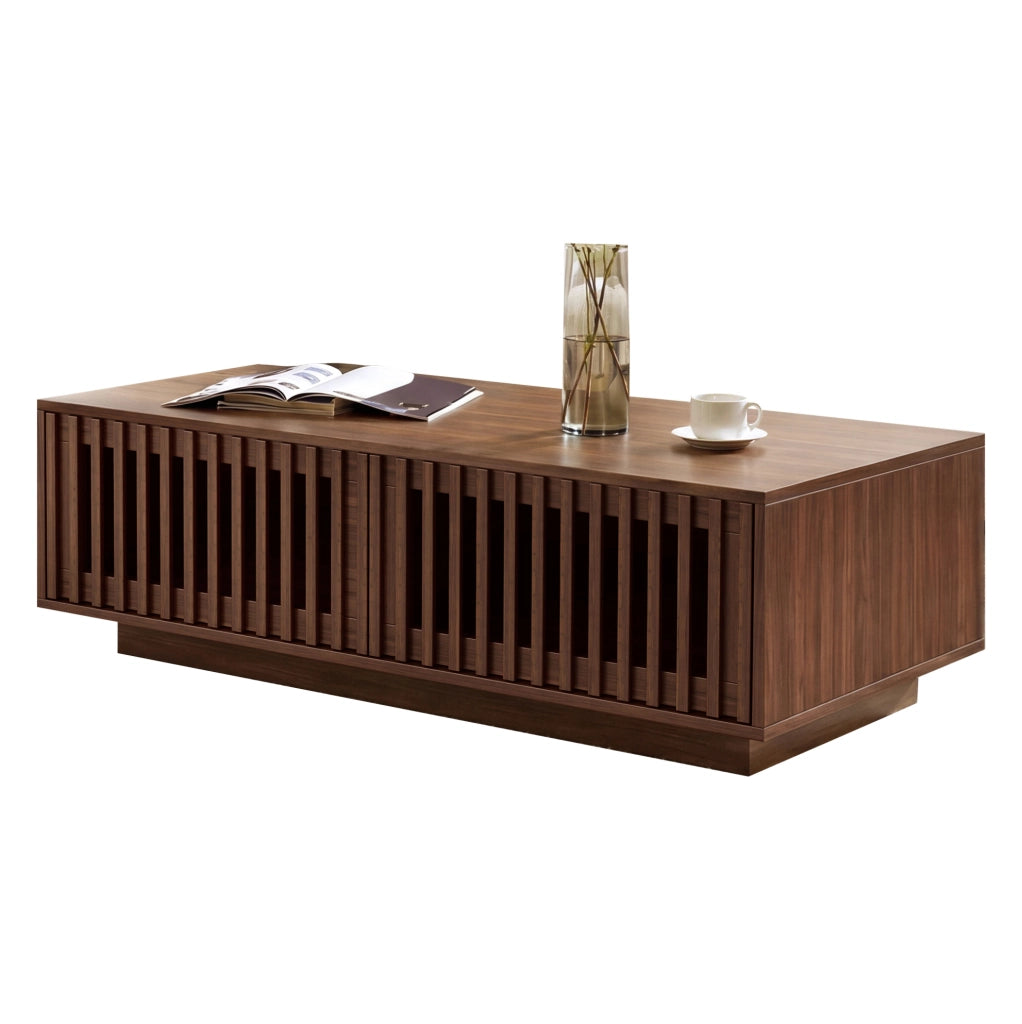 Tavolino da caffè 100x50x35 cm con 2 ante a griglia e chiusura ammortizzata; MDF e truciolato; noce