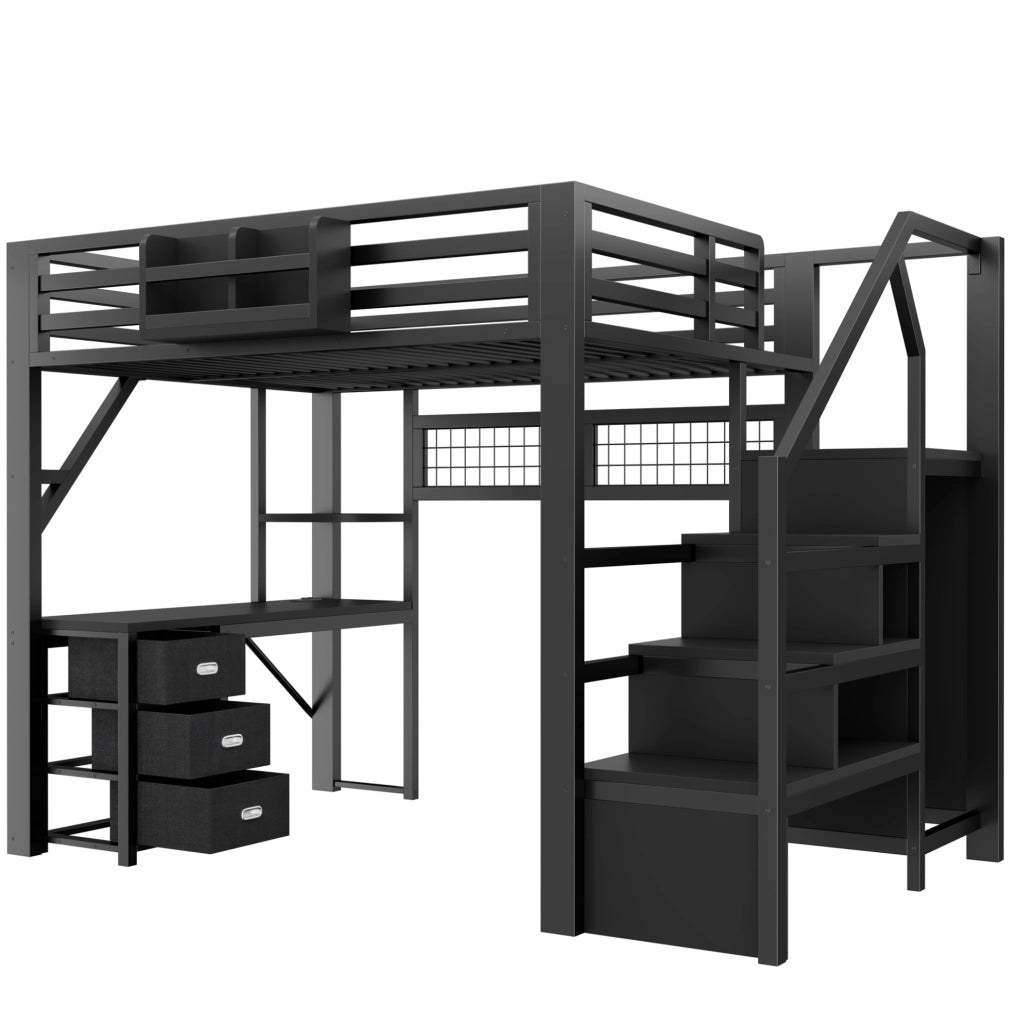 Letto a soppalco ULEVR 140x200 cm con scrivania, armadio, 3 cassetti e LED Bluetooth, nero