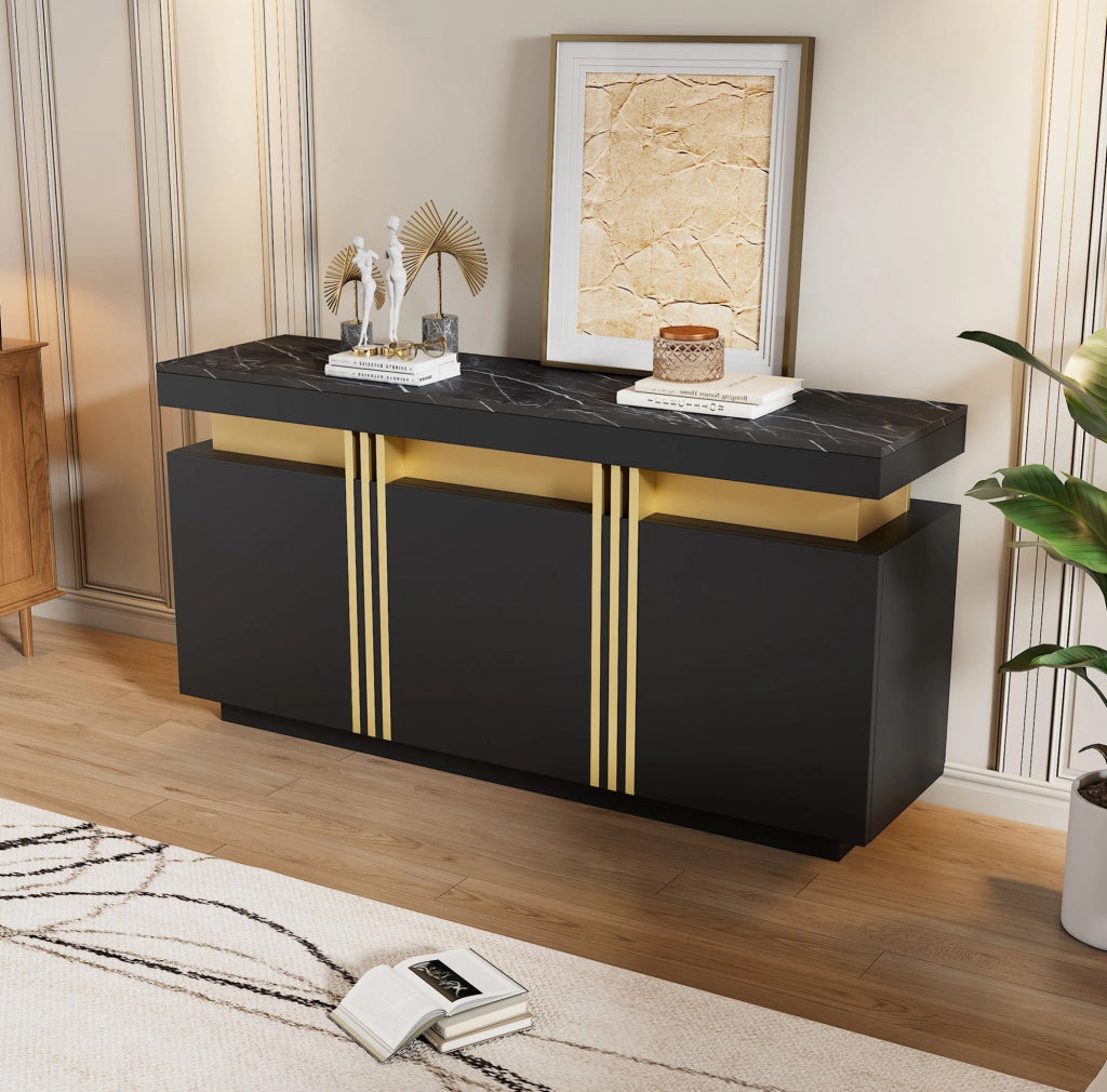 Credenza 140x38x70 cm nera e oro in pannello truciolare, 3 ante