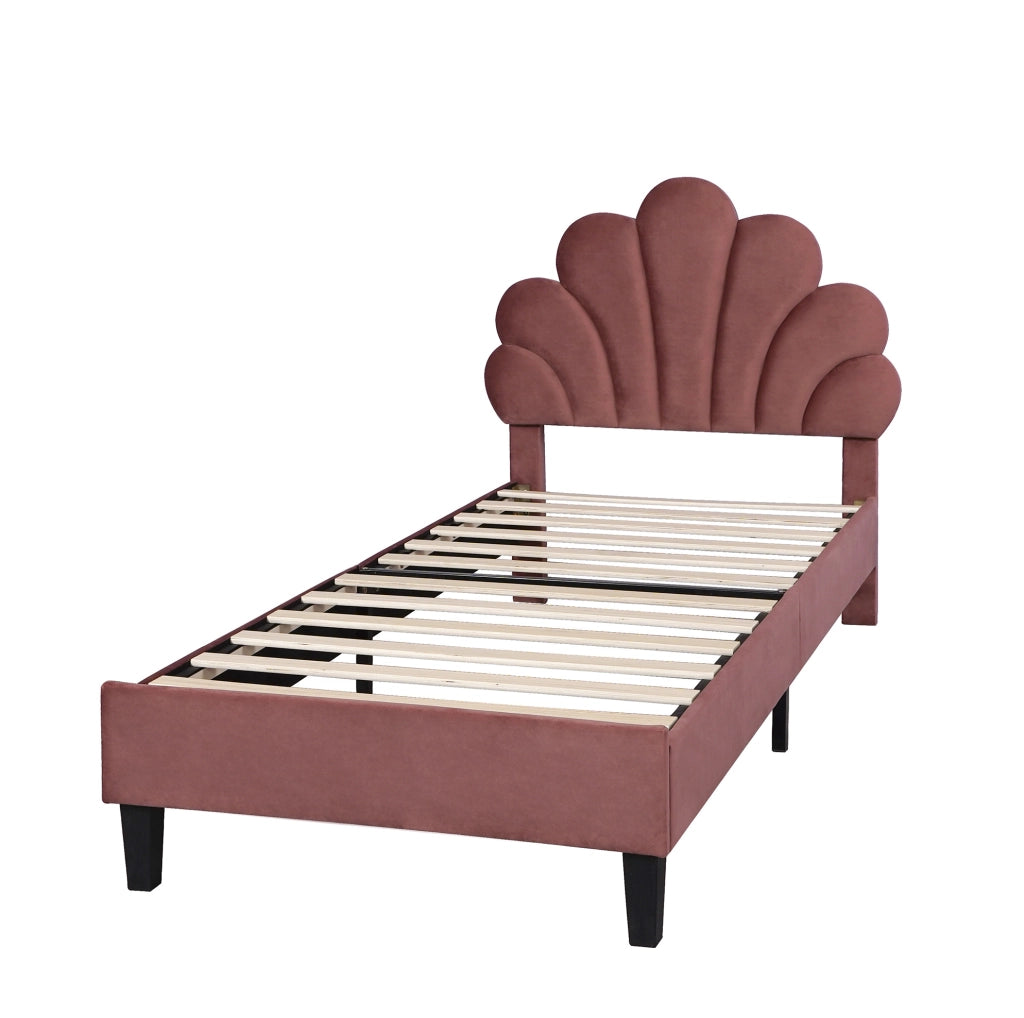 Letto imbottito 90x200 cm in velluto rosso fagiolo con testiera a fiore