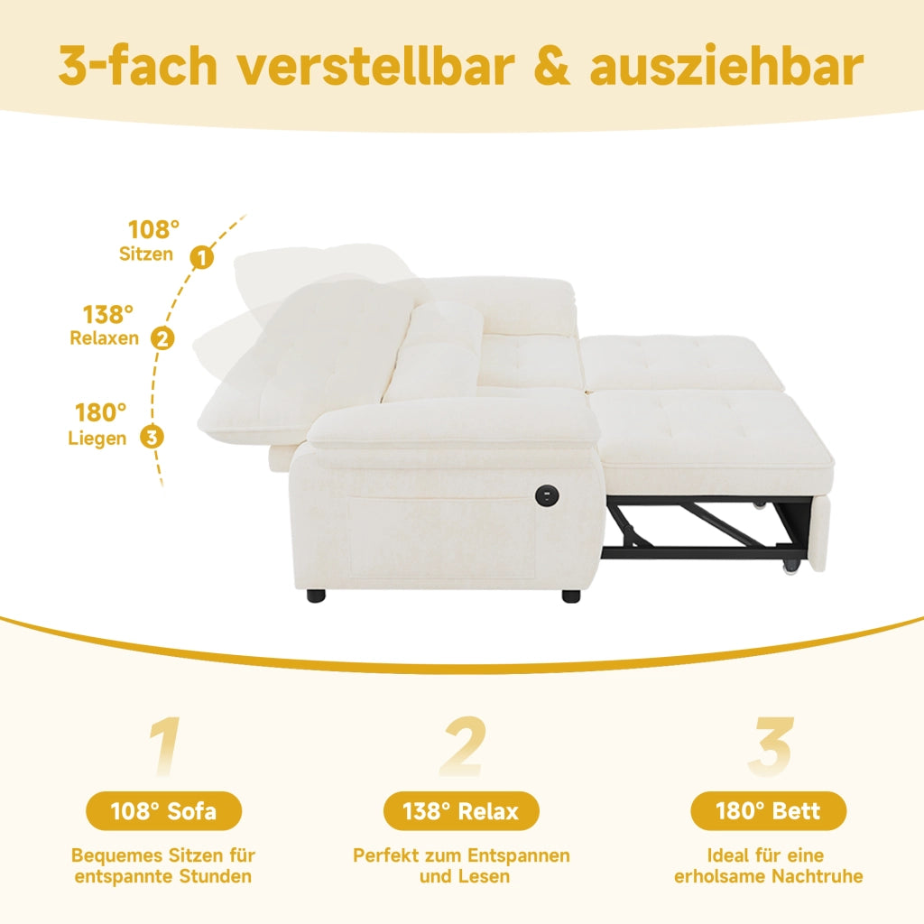 Divano letto 3 in 1 convertibile 142 cm in chenille beige con porta USB e Type-C