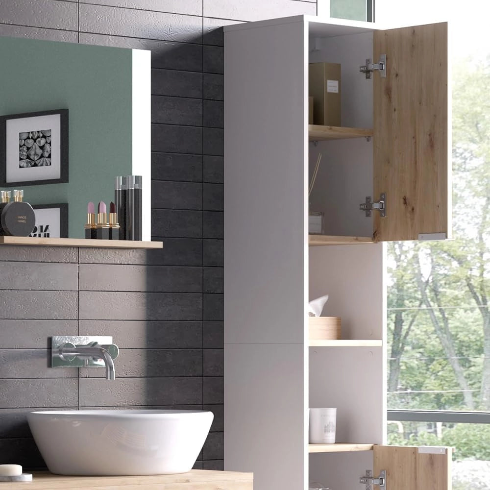 Armadio per il bagno Henri, Bianco, 30 x 165 cm con ante e vani a giorno, per il montaggio sotto il lavandino con ritaglio per sifone
