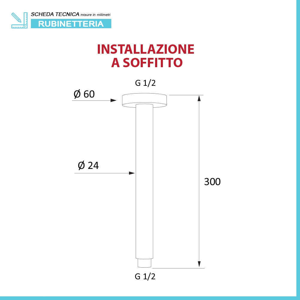 Braccio doccia verticale in ottone cromato 30 cm design tondo Rubinetterie Mariani