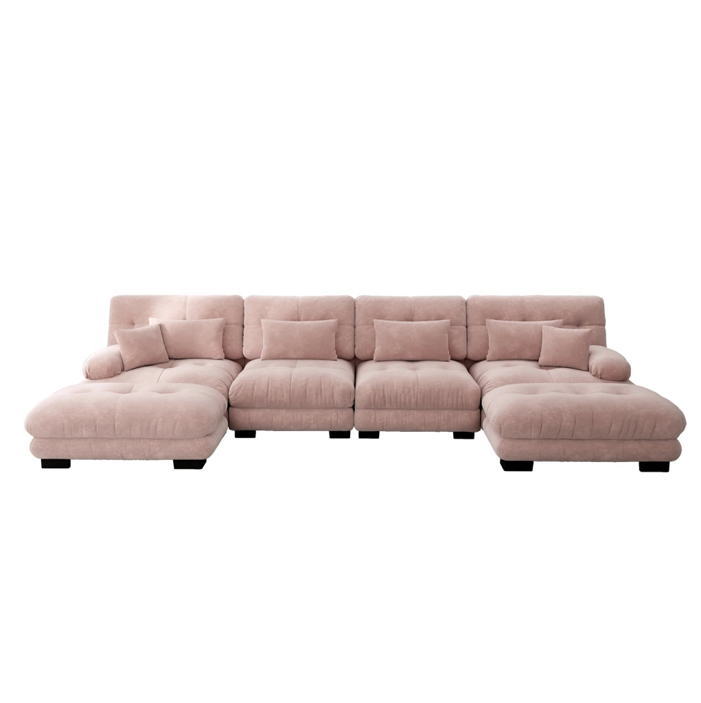 Divano modulare ad angolo a forma di U in chenille rosa, 4 posti con pouf mobile