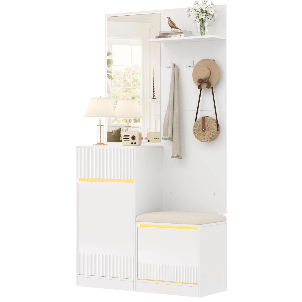 Mobile ingresso con scarpiera; specchio; seduta e LED; per ingresso; 105 × 38 × 190 cm