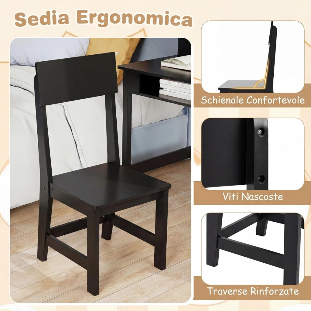 Set Scrivania e Sedia per Bambini, Tavolo per Studenti in Legno con Bacheca in Sughero, Cassetto, Pensile con Ripiani Aperti, Postazione Computer per Bambini per Studio e Lettura (Nero)