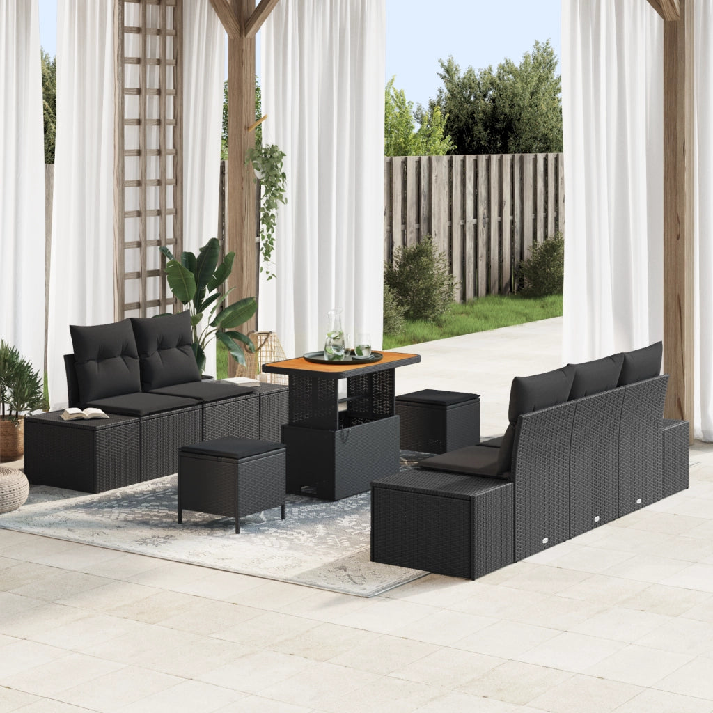 Set di divani da giardino 8 pezzi con cuscini nero polirattan acacia