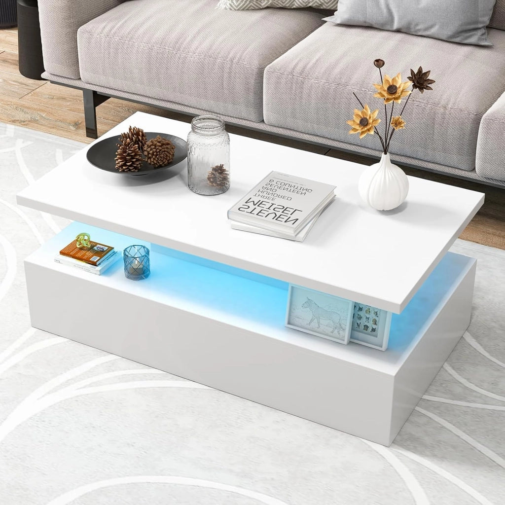 Tavolino da salotto con illuminazione dinamica a LED, tavolino da tè con colori di luce e luminosità regolabili, lucido, moderno tavolino a 2 livelli, 110 x 60 x 40 cm