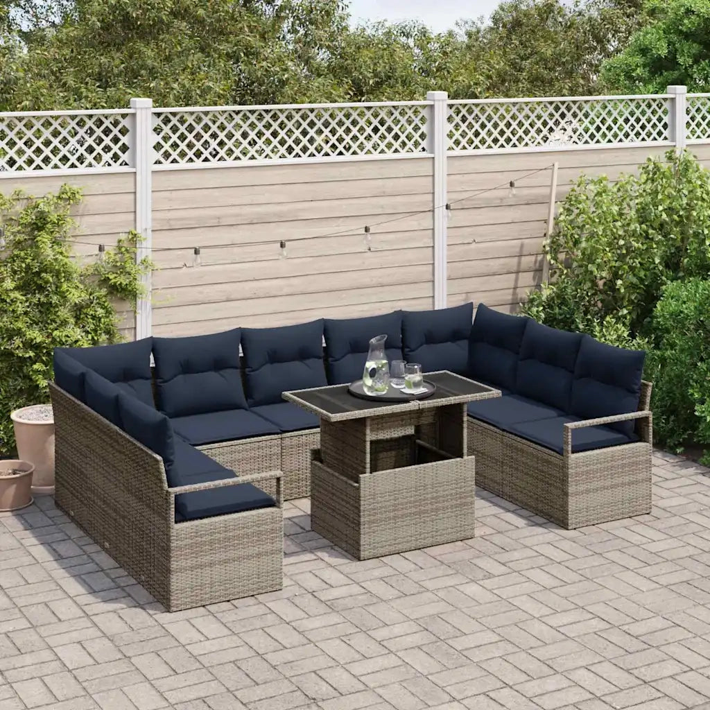 Set Divano da Giardino 10 pcs Grigio e Blu Navy Poly Rattan