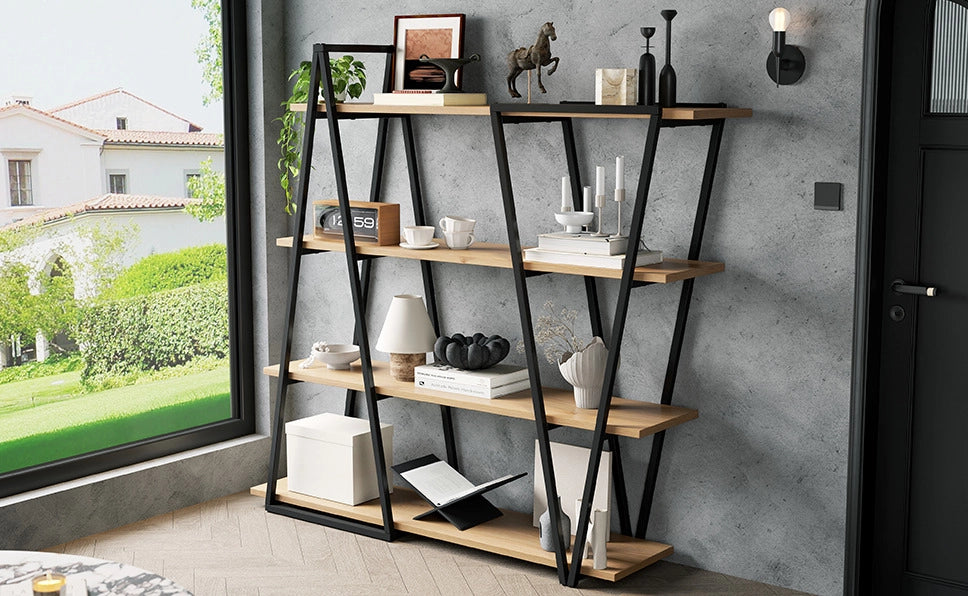 Libreria geometrica 158×35×166 cm in MDF nero e marrone
